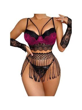 SEXY Cami Burgundy Lingerie Tassel Woven Strappy Exotic Set Padded Lace Romantic
